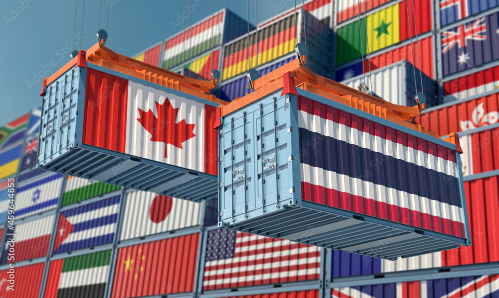 Freight containers with Canada and Thailand national flags. 3D Rendering 