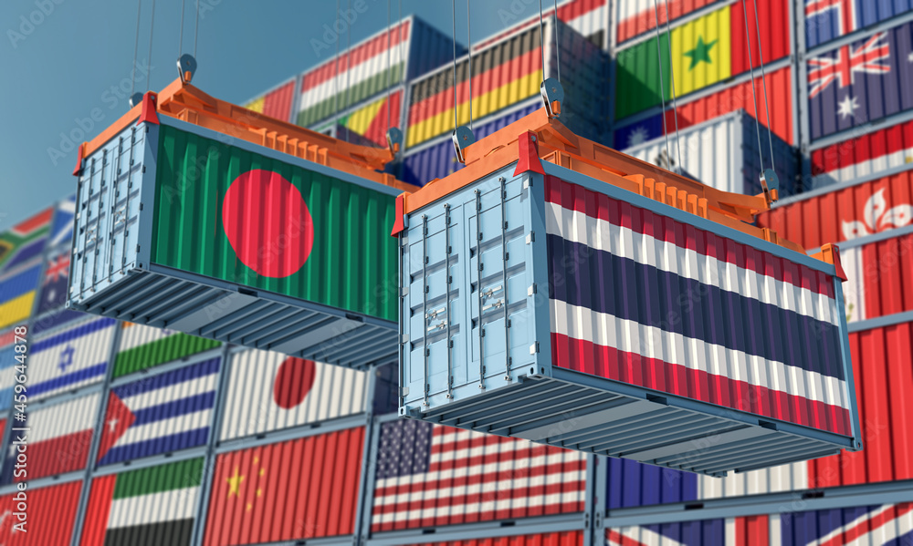 Freight containers with Bangladesh and Thailand national flags. 3D Rendering 
