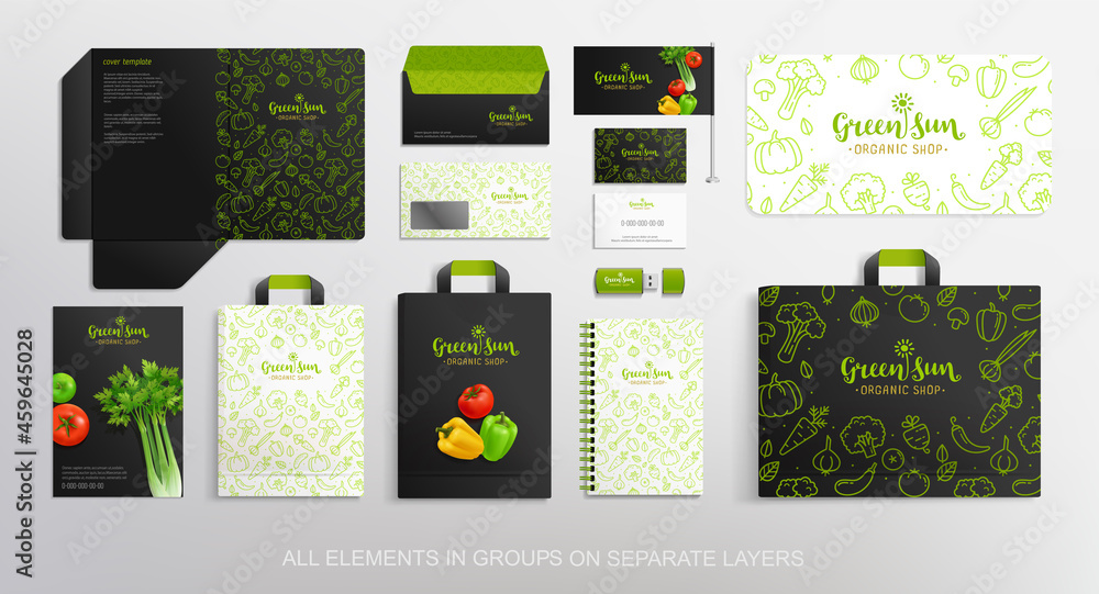 Green Sun branding identity Mock-Up set Vegetables, Food package, stationary for Vegan Cafe, restaurant and organic food shop. Logo template with vector Vegetables. Stationary branding mockup package - obrazy, fototapety, plakaty 