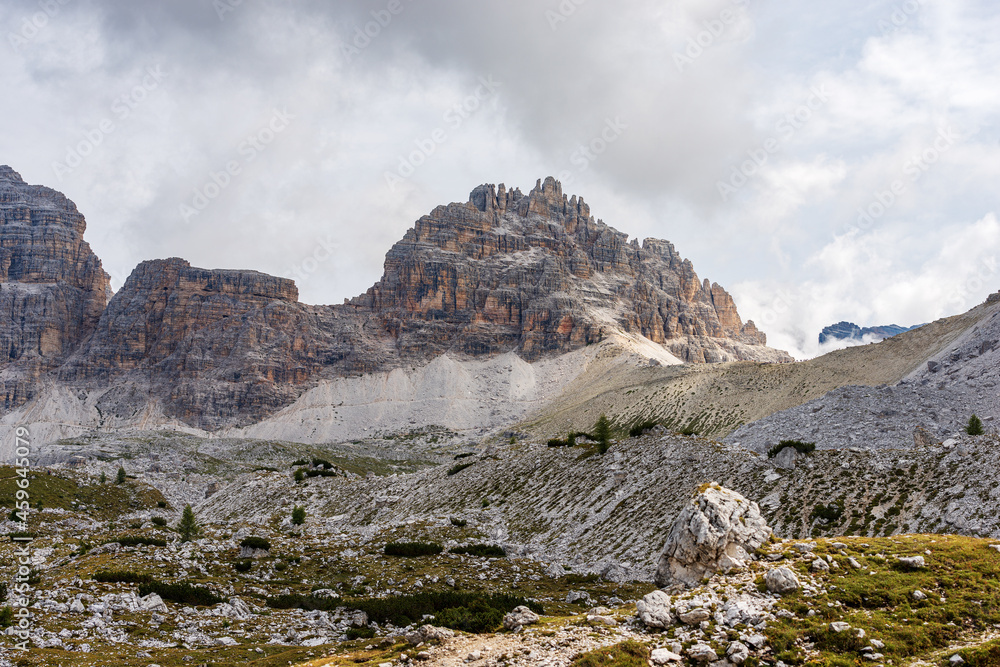 Mountain peak of Paternkofel or Monte Paterno, natural park of Tre Cime di Lavaredo or Drei Zinnen, Sesto or Sexten Dolomites, UNESCO world heritage site, Veneto, Trentino-Alto Adige, Italy, Europe.