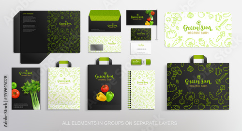 Green Sun branding identity Mock-Up set Vegetables, Food package, stationary for Vegan Cafe, restaurant and organic food shop. Logo template with vector Vegetables. Stationary branding mockup package