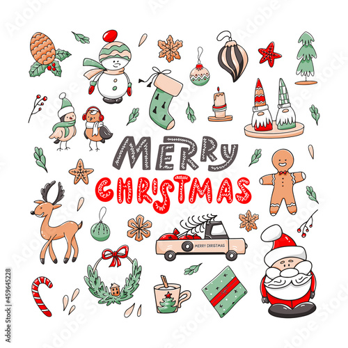 Christmas set of doodle elements with lettering Merry Christmas, isolated on white background. Toys, Christmas characters, candy, Christmas tree and gift. Vector illustration in hand drawn style.