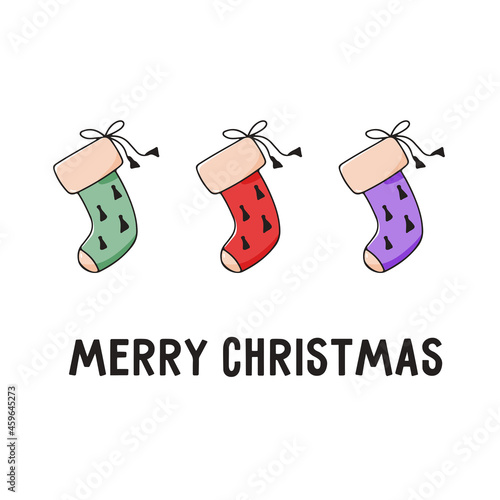 Christmas greeting card with hand-drawn colorful gift socks and lettering Merry Christmas. Vector illustration
