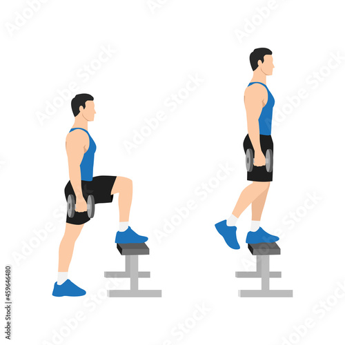 Man doing Dumbbell step ups exercise. Flat vector illustration isolated on white background