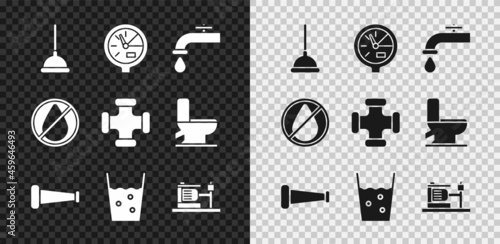 Set Rubber plunger, Water meter, tap, Industry metallic pipe, Glass with water, Electric pump, drop forbidden and icon. Vector