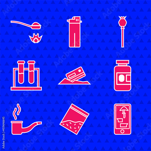 Set Cocaine and credit card, Plastic bag of drug, Buying drugs online on phone, Medicine bottle pills, Smoking pipe, Test tube flask, Opium poppy and Heroin spoon icon. Vector