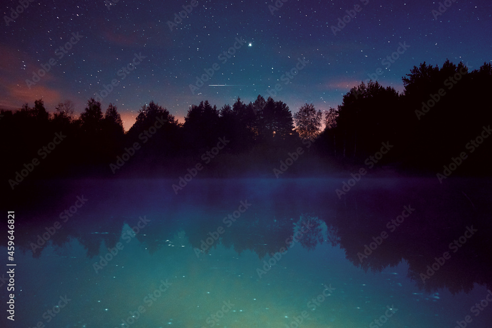 Fototapeta premium Fog on the river on a starry night in the forest. Dubna river, Moscow region, Russia.