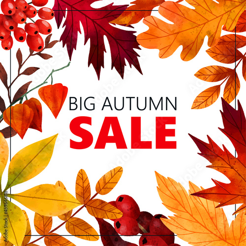 Fall leaves frame, autumn banner, hand drawn art