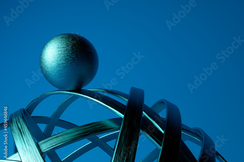 Three dimensional render of metallic sphere rolling on overlapping cables photo