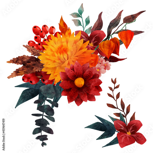 Lush floral composition, fall floral elements, hand drawn