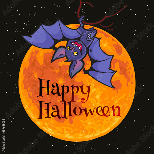 Cartoon vampire bat on full Moon background. Happy Halloween text. Halloween poste. Hand drown illustration.
