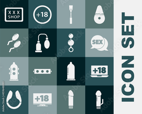 Set Dildo vibrator, Laptop with 18 plus content, Speech bubble Sex, Leather whip, Penis pump, Sperm, shop and Anal beads icon. Vector