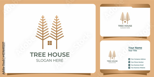 Minimalist tree house logo with line art style logo design and business card template