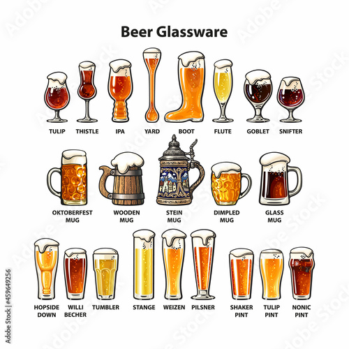 Set of different types of beer glasses and mugs. Beer glassware guide. Vector illustration isolated on white background.