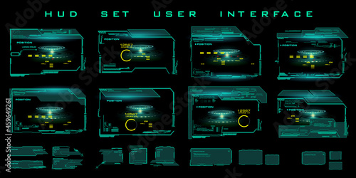 Set futuristic green neon frames and HUD interfaces. Digital frame of UI, UX technology. Virtual user Interface for streaming games. Futuristic information box layout templates