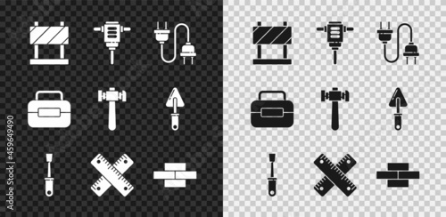 Set Road barrier, Electric rotary hammer drill, plug, Screwdriver, Crossed ruler, Bricks, Toolbox and Hammer icon. Vector