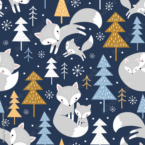 Seamless vector pattern with cute hand drawn polar foxes, pine trees and snowy winter woodland on dark blue background. Perfect for textile, wallpaper or print design.