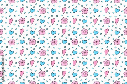 Watercolor Hand painted background with hearts and flowers in blue and pink colors. Graphic resource for invitation cards  wrapping paper  baby shower