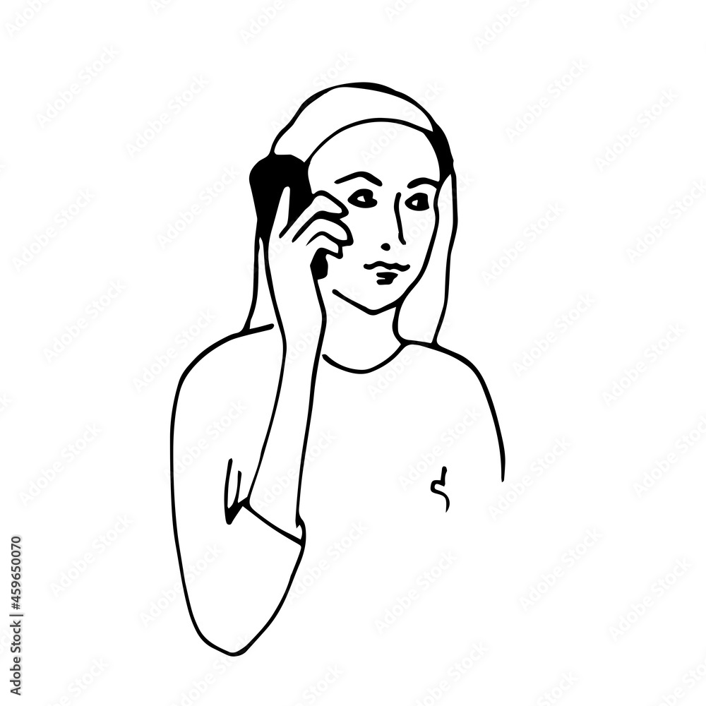 Doodle girl or woman talking on a cell phone. Illustration on white background.