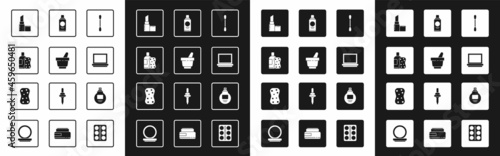 Set Cotton swab for ears, Mortar and pestle, Bottle of shampoo sponge, Lipstick, Makeup powder with mirror, Perfume and Sponge bubbles icon. Vector