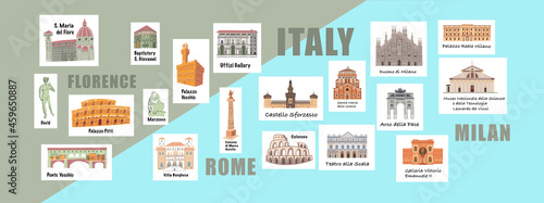 Building famous places Italy stickers. Cartoon doodle art for design. Traditional symbols full color vector illustration.