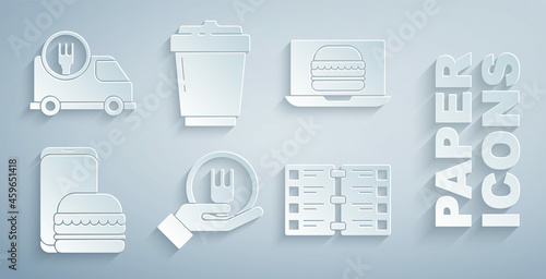 Set Online ordering and delivery, burger, Restaurant cafe menu, Coffee cup to go and Fast by car icon. Vector