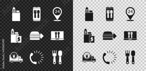 Set Shopping bag and food, Online ordering delivery, Round the clock, Fast by car, Food, Fork spoon, and burger icon. Vector