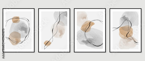Abstract art background vector. Minimal hand painted watercolor and gold line art illustration.  Design for wall decoration, wall arts, cover, postcards, brochure. 