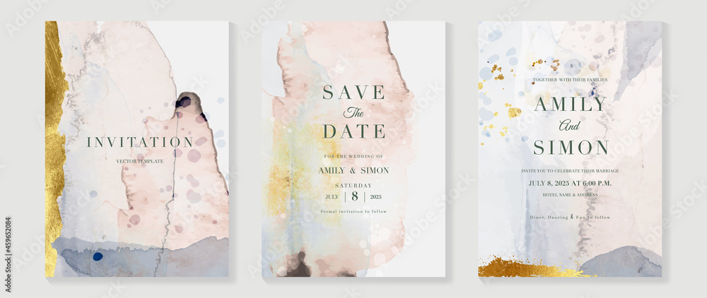 Elegant abstract watercolor wedding invitations vector set. Luxury gold and hand painted watercolor background decoration for save the date, greeting card, poster and cover design template. - obrazy, fototapety, plakaty 
