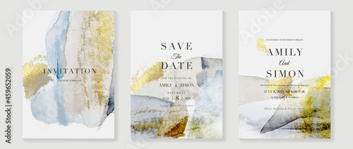 Elegant abstract watercolor wedding invitations vector set. Luxury gold and hand painted watercolor background decoration for save the date, greeting card, poster and cover design template.