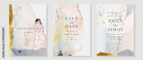 Elegant abstract watercolor wedding invitations vector set. Luxury gold and hand painted watercolor background decoration for save the date, greeting card, poster and cover design template.