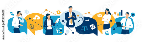 Business vector illustration. Business persons, graph and icons. 