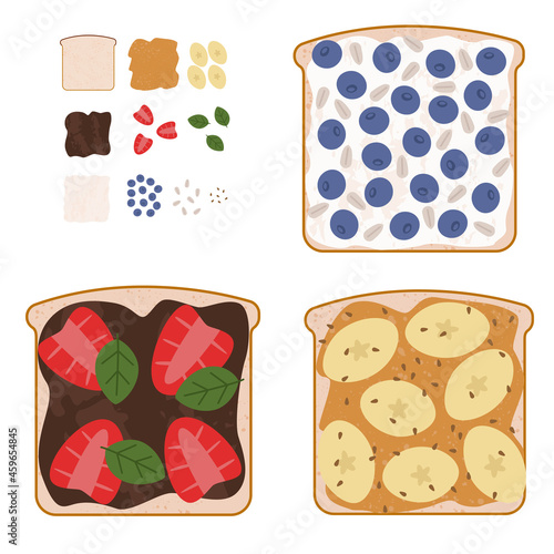 set of sweet sandwiches with used ingredients