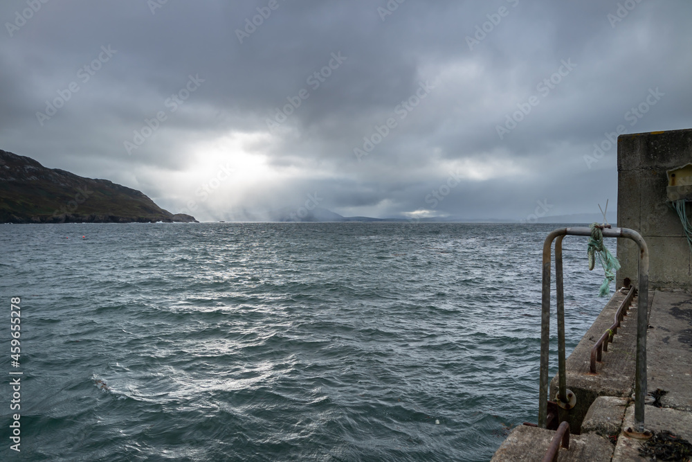 Rain storm and sun above Lough Swilly and Lenan Bay in County Donegal, Ireland