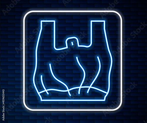 Glowing neon line Say no to plastic bags poster icon isolated on brick wall background. Disposable cellophane and polythene package prohibition sign. Vector