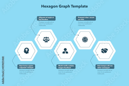 Modern business process template with five hexagon steps - blue version. Easy to use for your website or presentation.