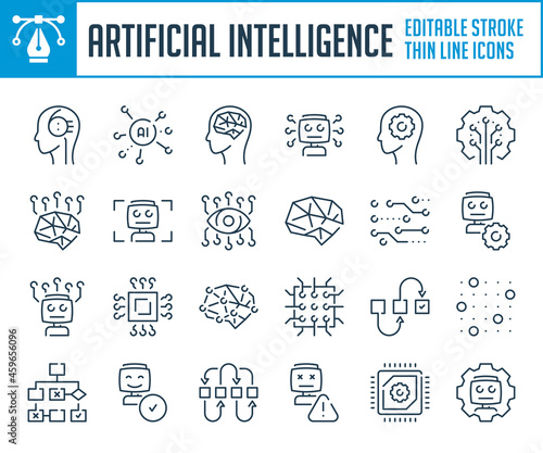 Artificial intelligence and Machine learning thin line icons. Robot, Computing network and Smart technology outline icon set. Editable stroke icons.