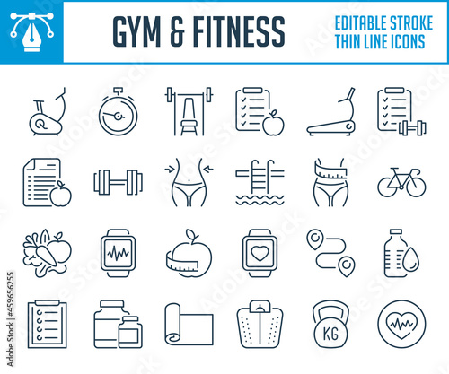 Gym and Fitness thin line icons. Sport exercises and training outline icon set. Editable stroke icons.