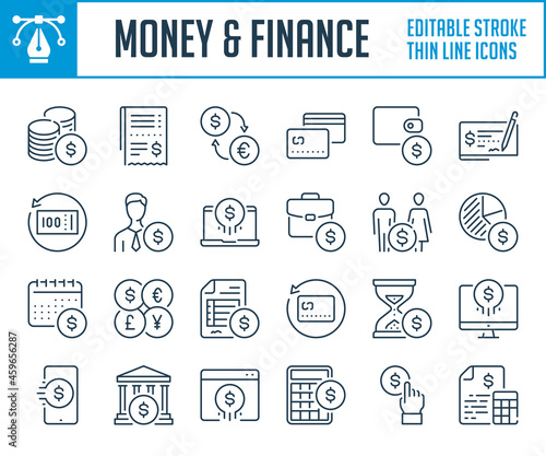 Money transfer and Exchange thin line icons. Payment and Financial transactions outline icon set. Editable stroke icons.