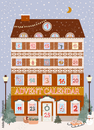 Christmas advent calendar December 1to 25 with cute Scandinavian house. Cute holiday season decoration. Editable vector illustration.