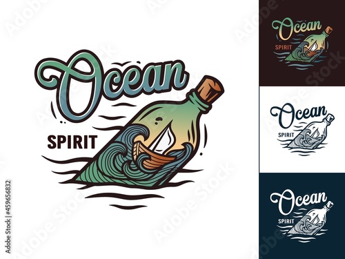Boat inside the bottle on the ocean waves. Nautical vessel for sea wanderer. Marine wanderlust travel adventure print
