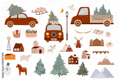 Collection of cute Christmas elements: red car, christmas tree, houses, animals, gifts. Perfect for holidays cards, poster, digital crafts. Editable Vector illustration.