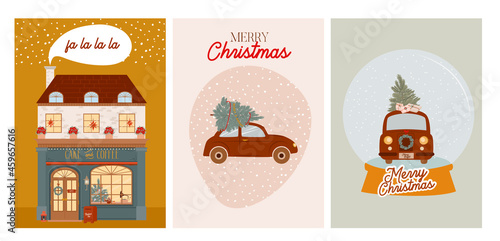 Collection of Christmas greeting cards with cute scandinavian houses with storefront and christmas red car with Christmas tree. Editable vector illustration.