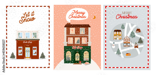 Collection of Christmas greeting cards with cute scandinavian houses with storefront and christmas map with car, houses, animals and tree. Editable vector illustration.