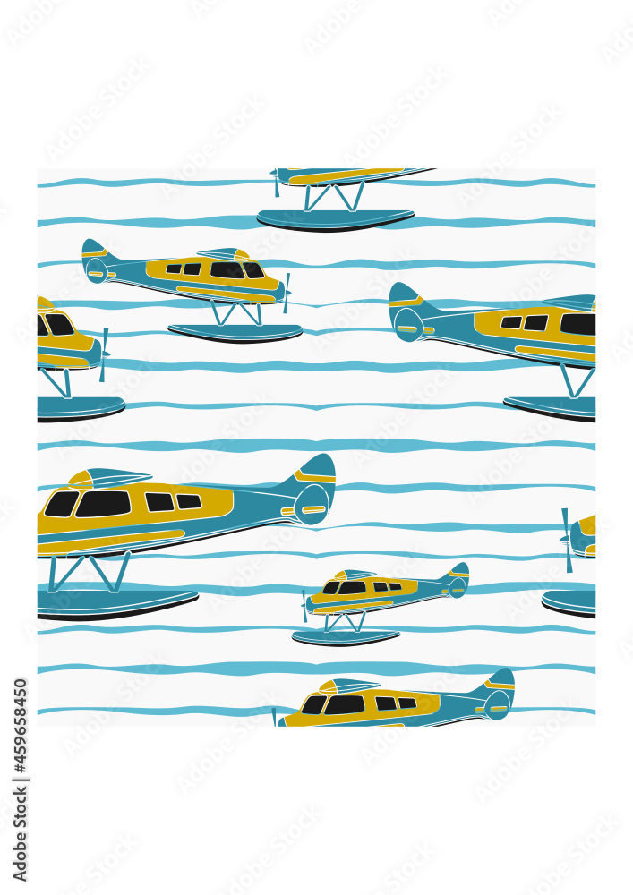 Editable Side View Pontoon Floating Plane Flying Over a Wavy Lake Vector Illustration as Seamless Pattern for Creating Background of Transportation or Recreation Related Design Editable Side View Pontoon Floating Plane Flying Over a Wavy Lake Vector Illustration as Seamless Pattern for Creating Background of Transportation or Recreation Related Design