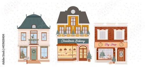 Collection of Christmas houses with store front and holidays decoration. Perfect for greeting cards, prints, posters. Editable Vector illustration.