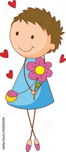 A doodle kid holding flower cartoon character isolated