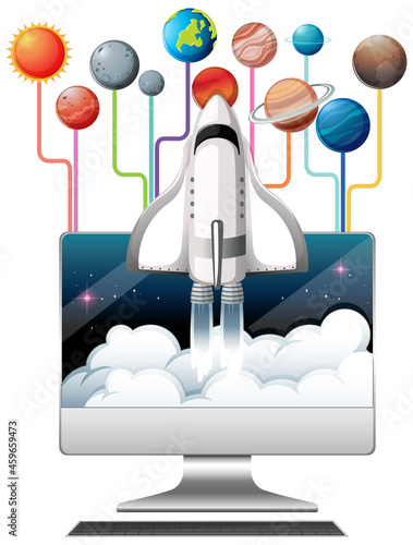 Computer monitor with space ship and planets