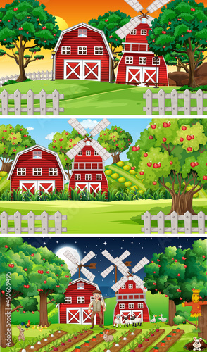 Different farm scenes with old farmer and animal cartoon character