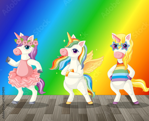 Cartoon unicorns on rainbow gradient background